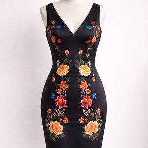 Othr Black Floral V-Neck Midi Dress with Multicolor Blooms